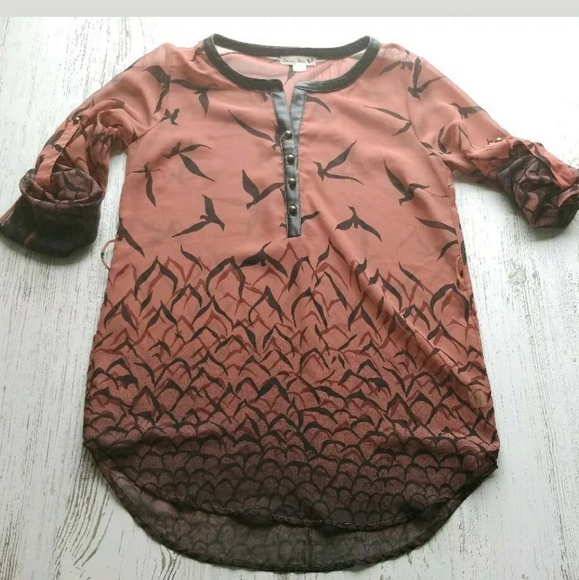 Double Zero Tops - Double Zero Top Birds Faux Leather Sheer Ombre